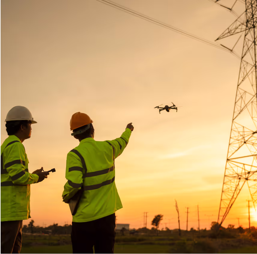 Utility workers operating an inspection drone in the field